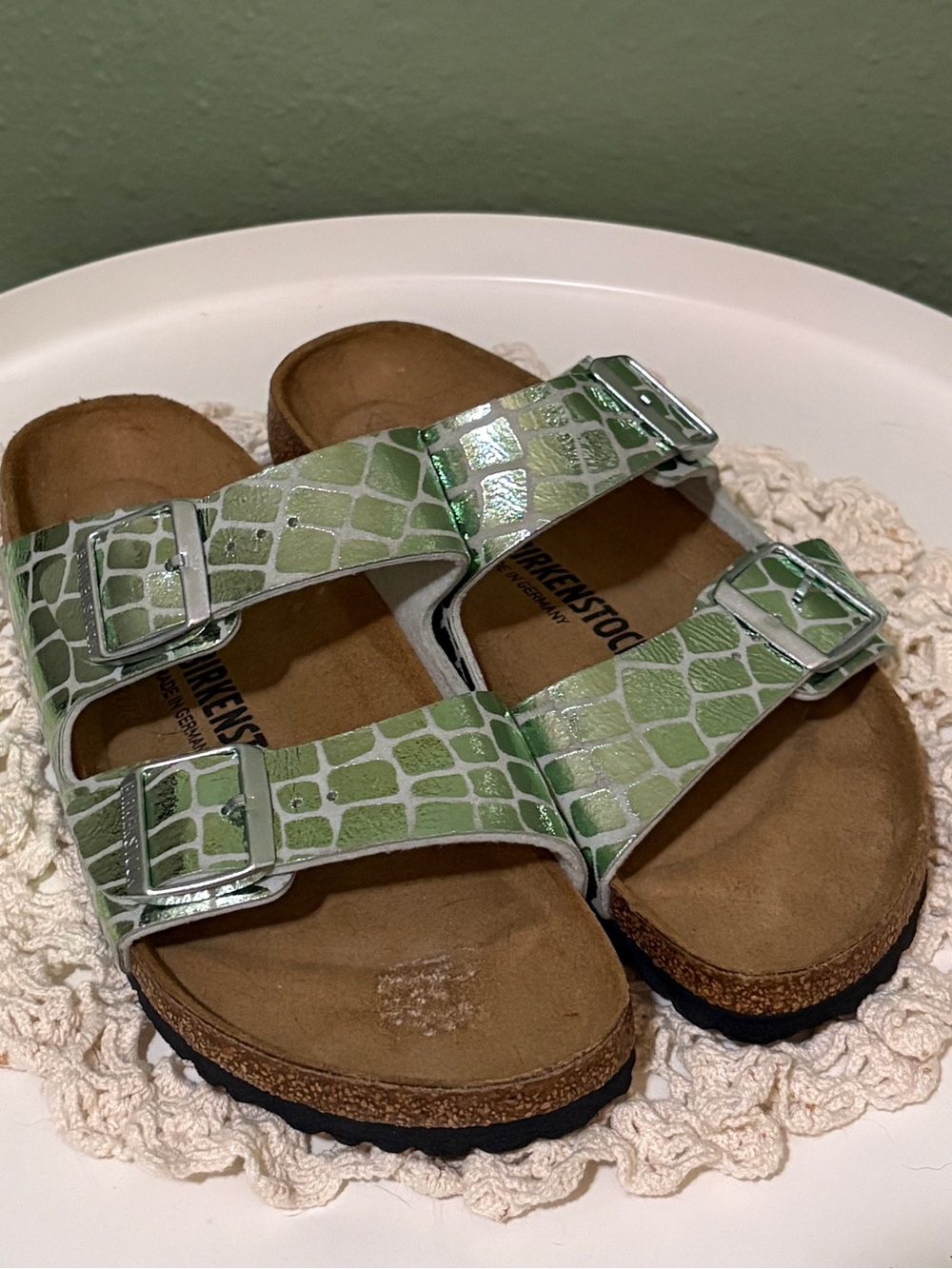 Birkenstock Arizona Sandals in Light Green Croc Print